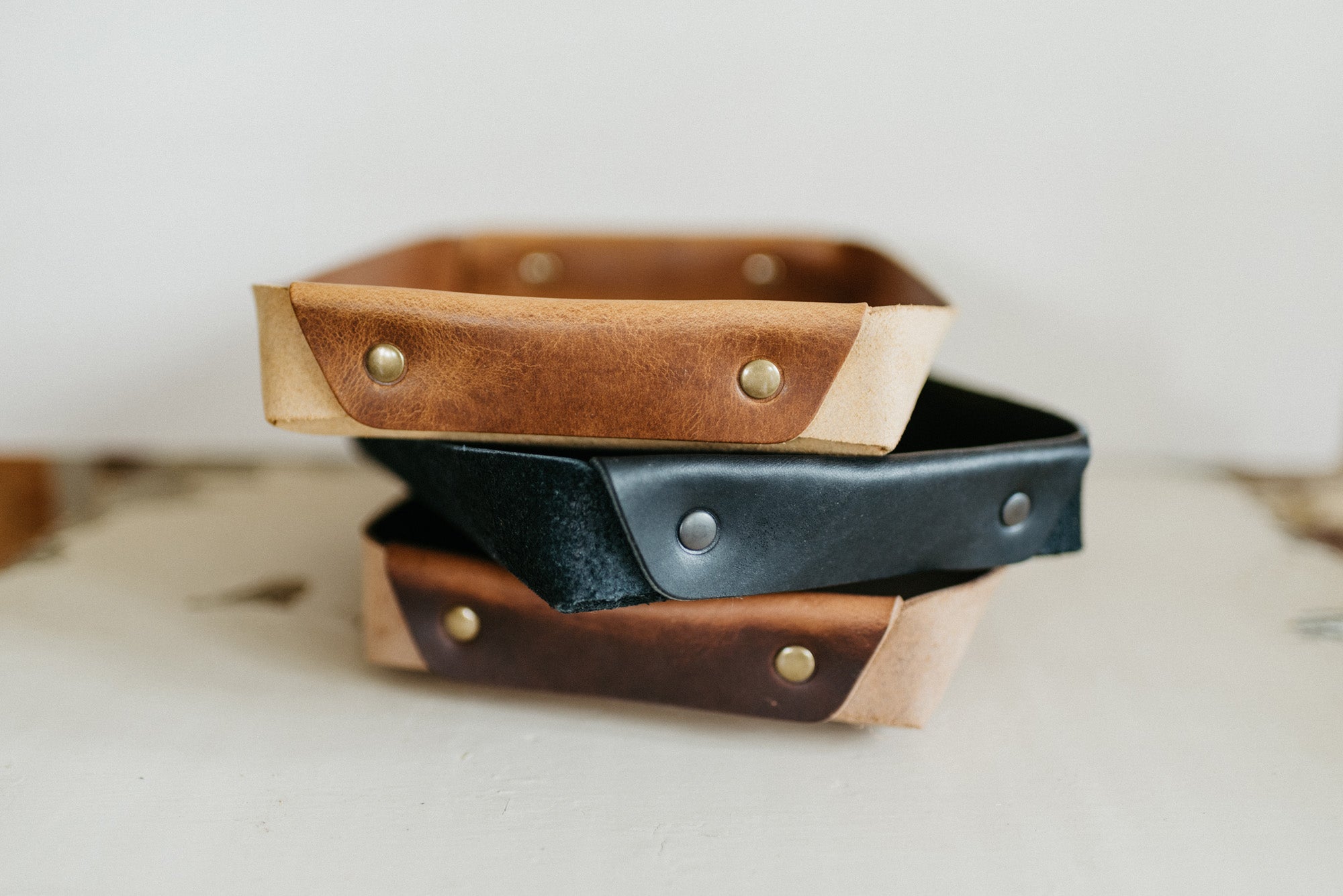 Autumn brown full-grain leather butler tray for keys and everyday carry