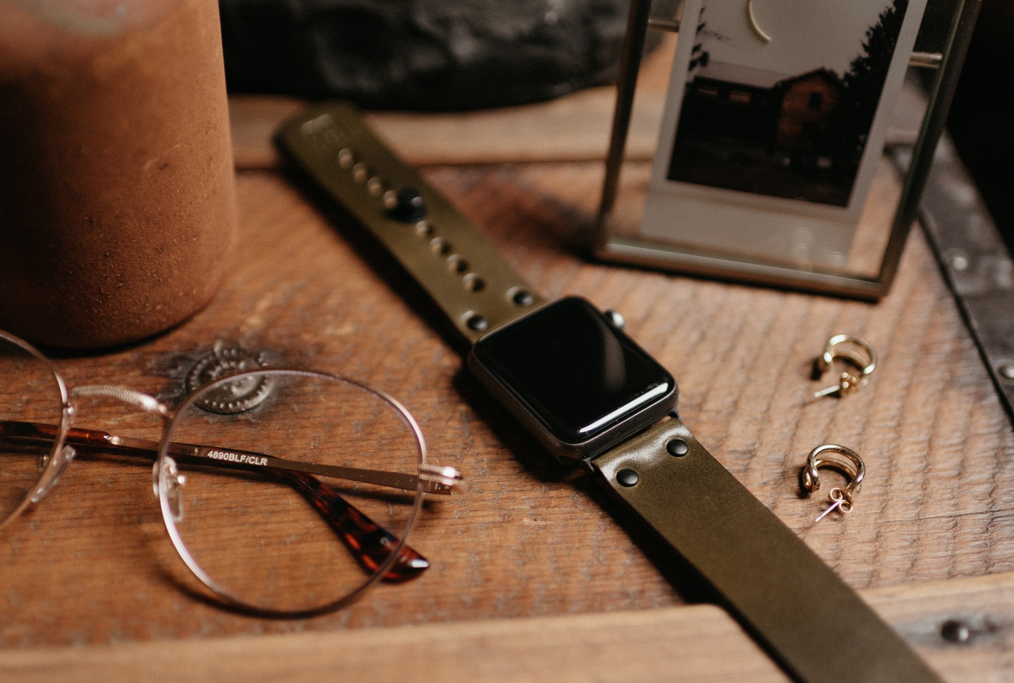 Apple Watch band in olive harness leather with button stud closure