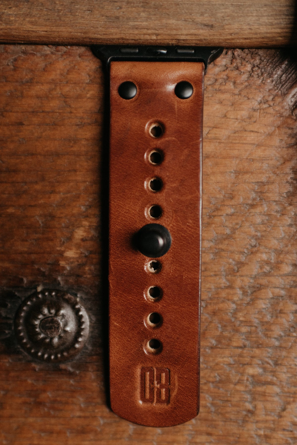 Apple Watch band in buck brown full-grain leather with button stud closure