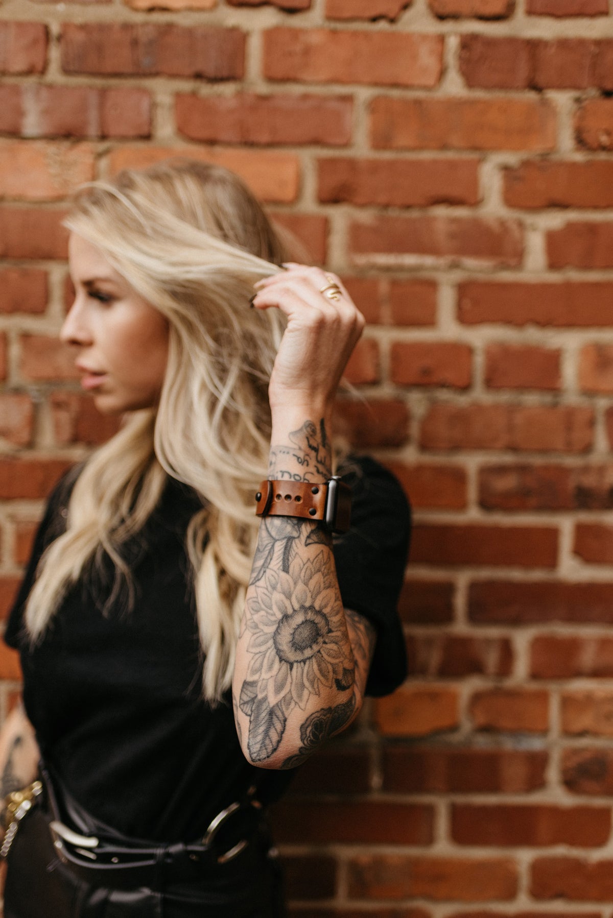 Apple Watch band in buck brown full-grain leather with button stud closure
