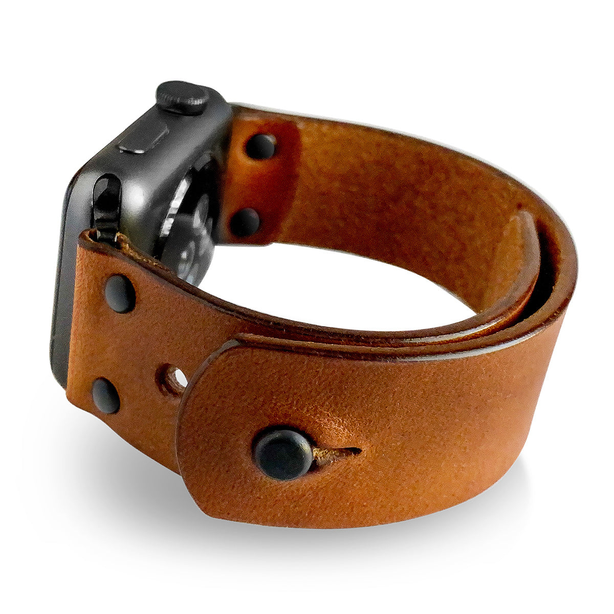 Apple Watch band in buck brown full-grain leather with button stud closure
