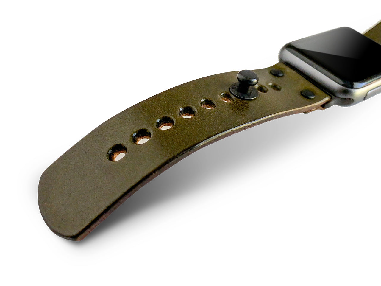 Apple Watch band in olive harness leather with button stud closure