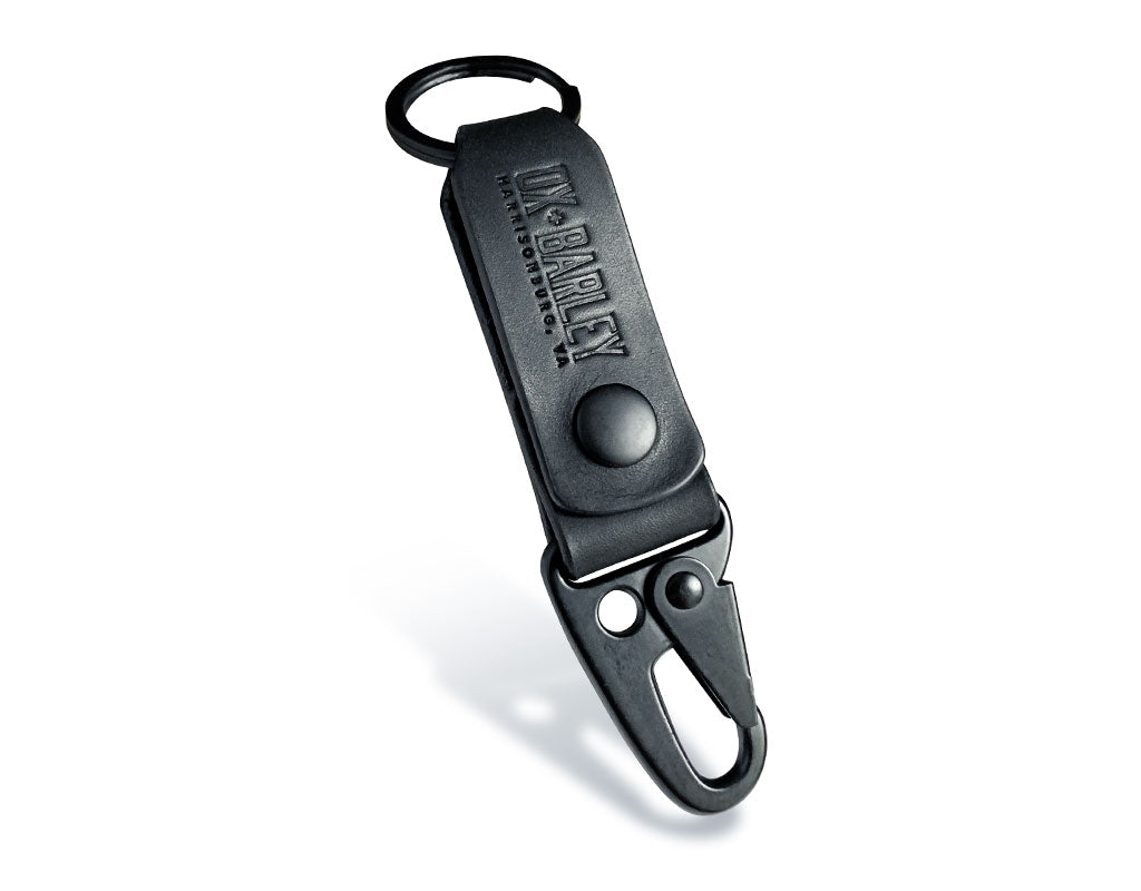 Slim black Latigo leather key fob with sling lever and belt loop snap