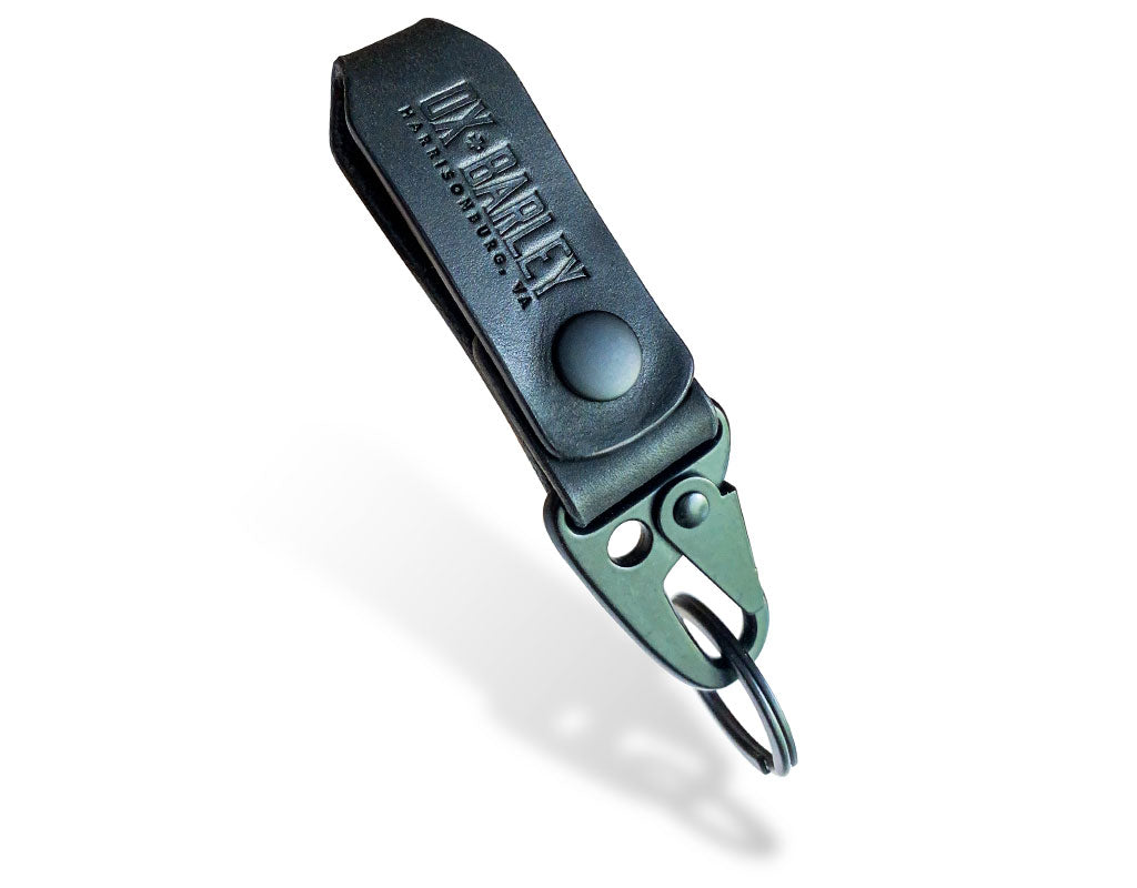 Slim black Latigo leather key fob with sling lever and belt loop snap
