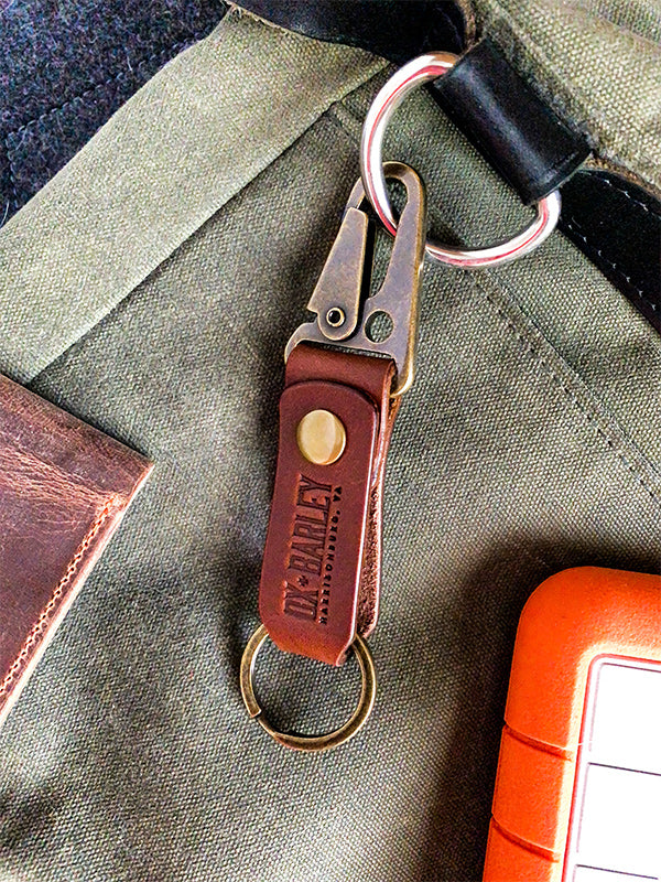 Slim medium brown Latigo leather key fob with sling lever and belt loop snap