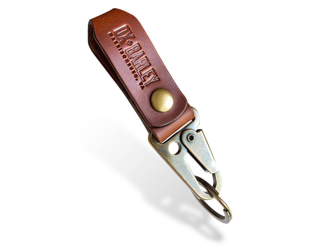 Slim medium brown Latigo leather key fob with sling lever and belt loop snap