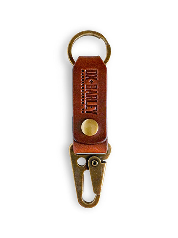 Slim medium brown Latigo leather key fob with sling lever and belt loop snap