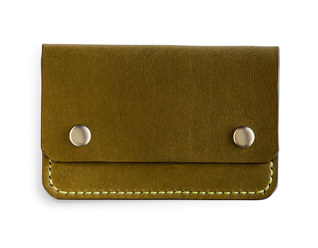 Slim card wallet in olive harness leather with solid brass snap