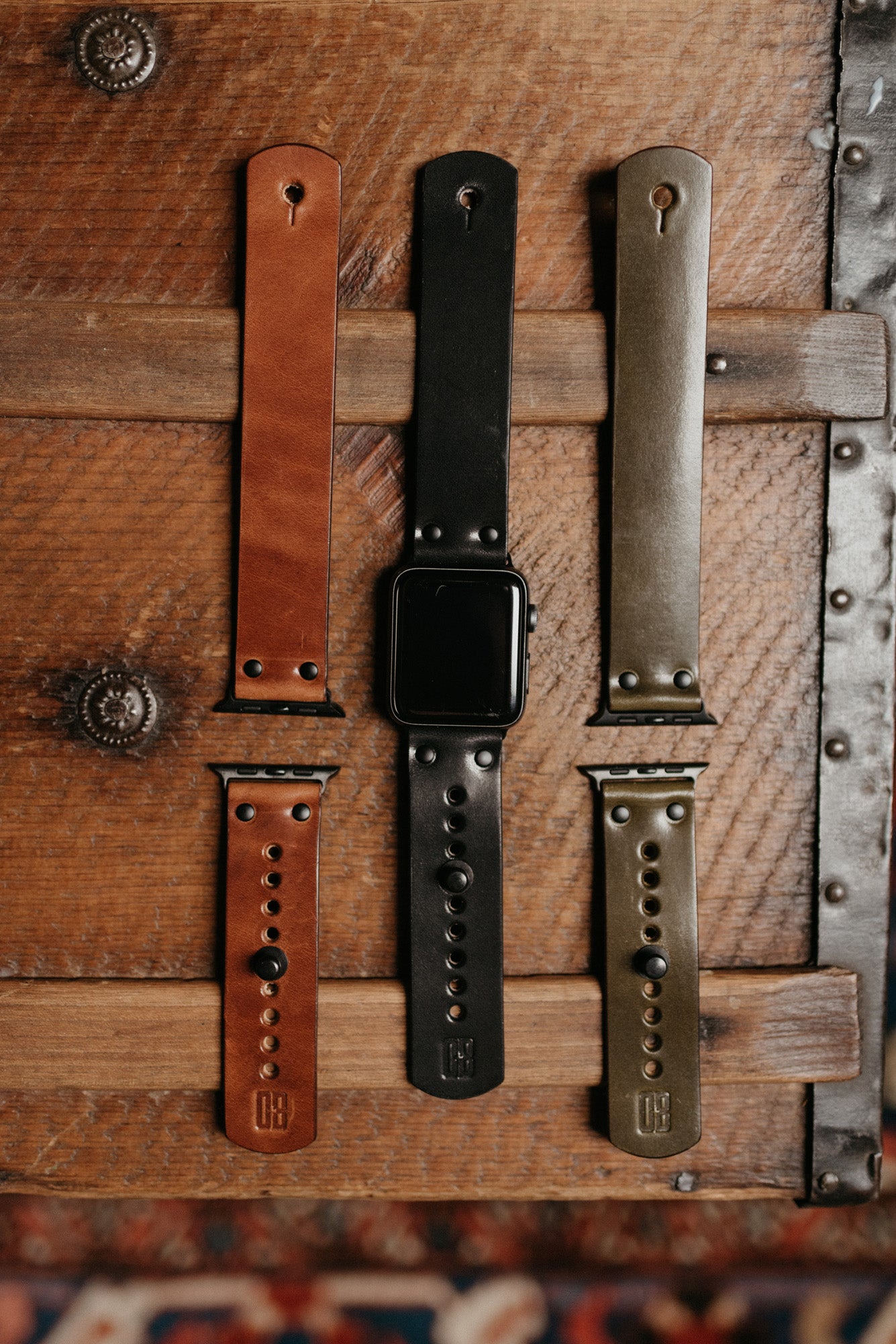 Apple Watch band in buck brown full-grain leather with button stud closure