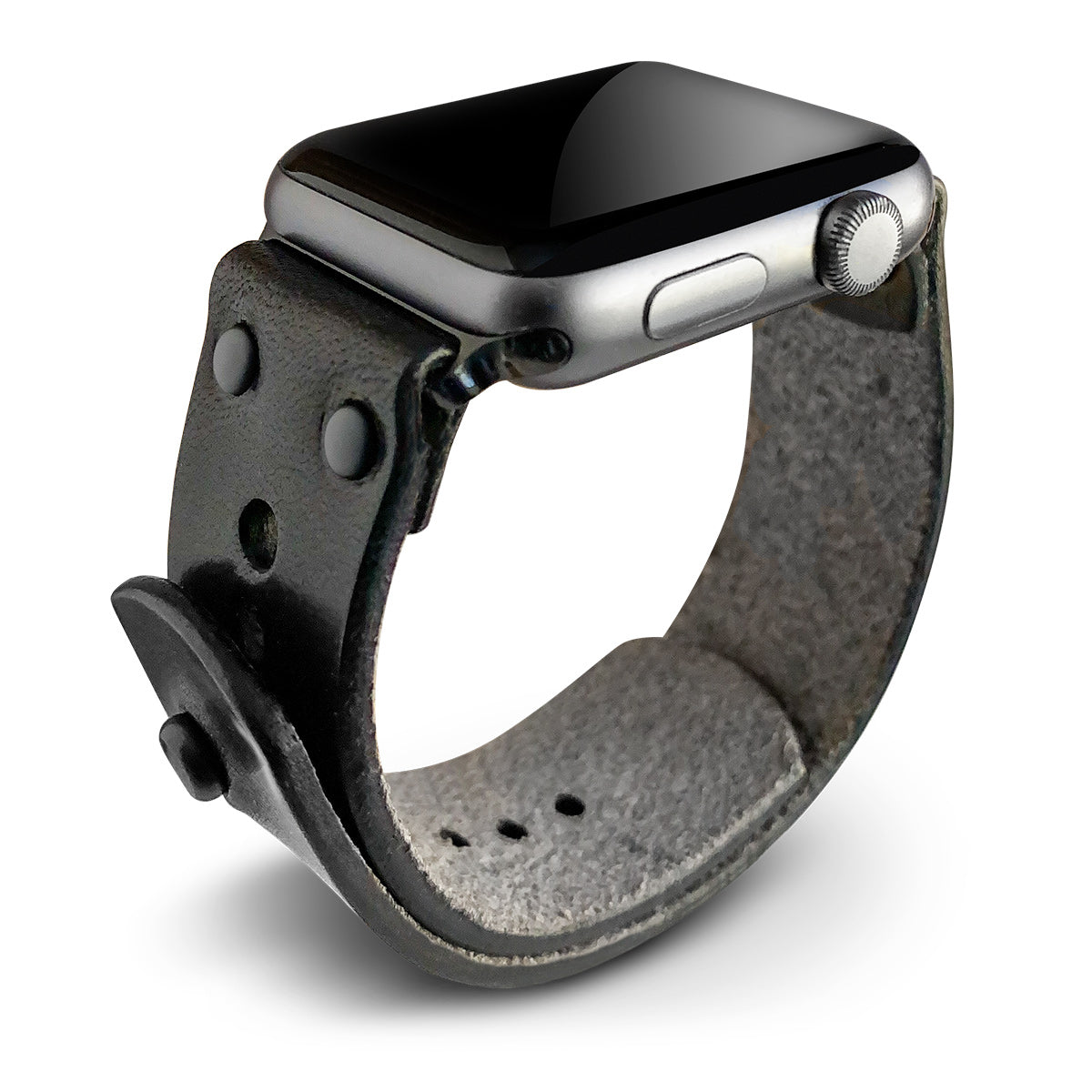 Apple Watch band in black full-grain leather with button stud closure