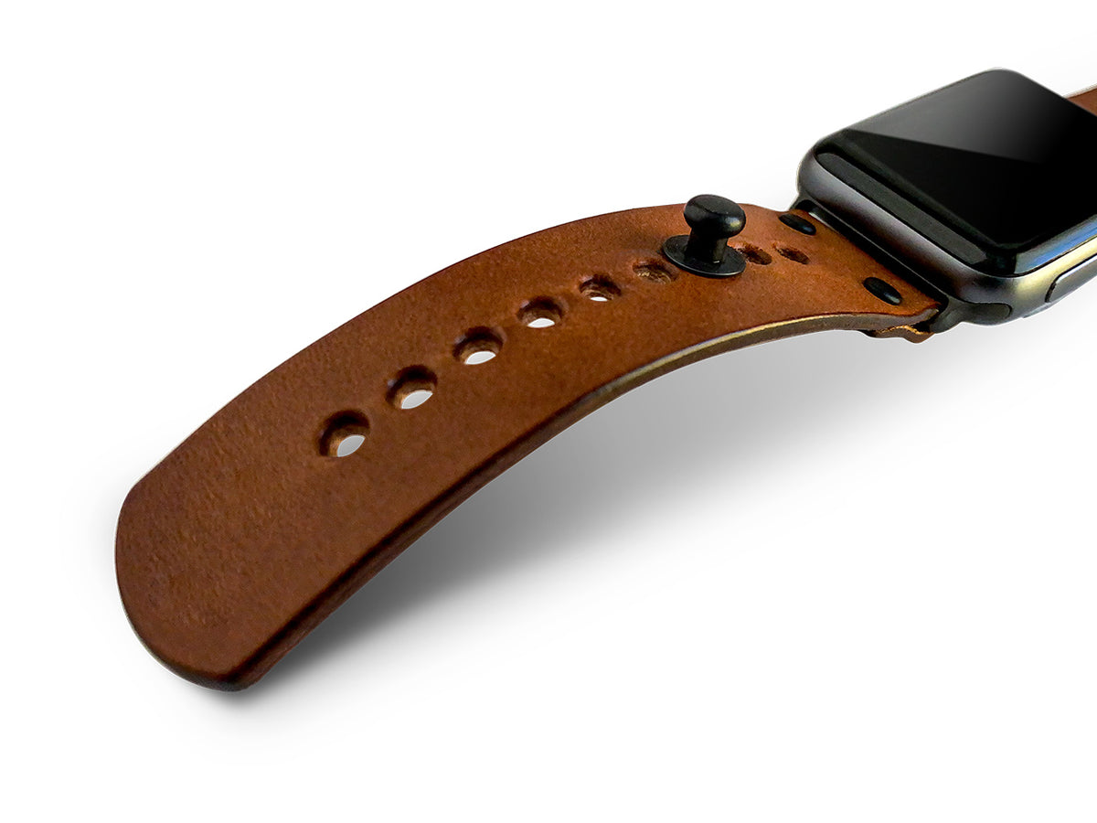 Apple Watch band in buck brown full-grain leather with button stud closure