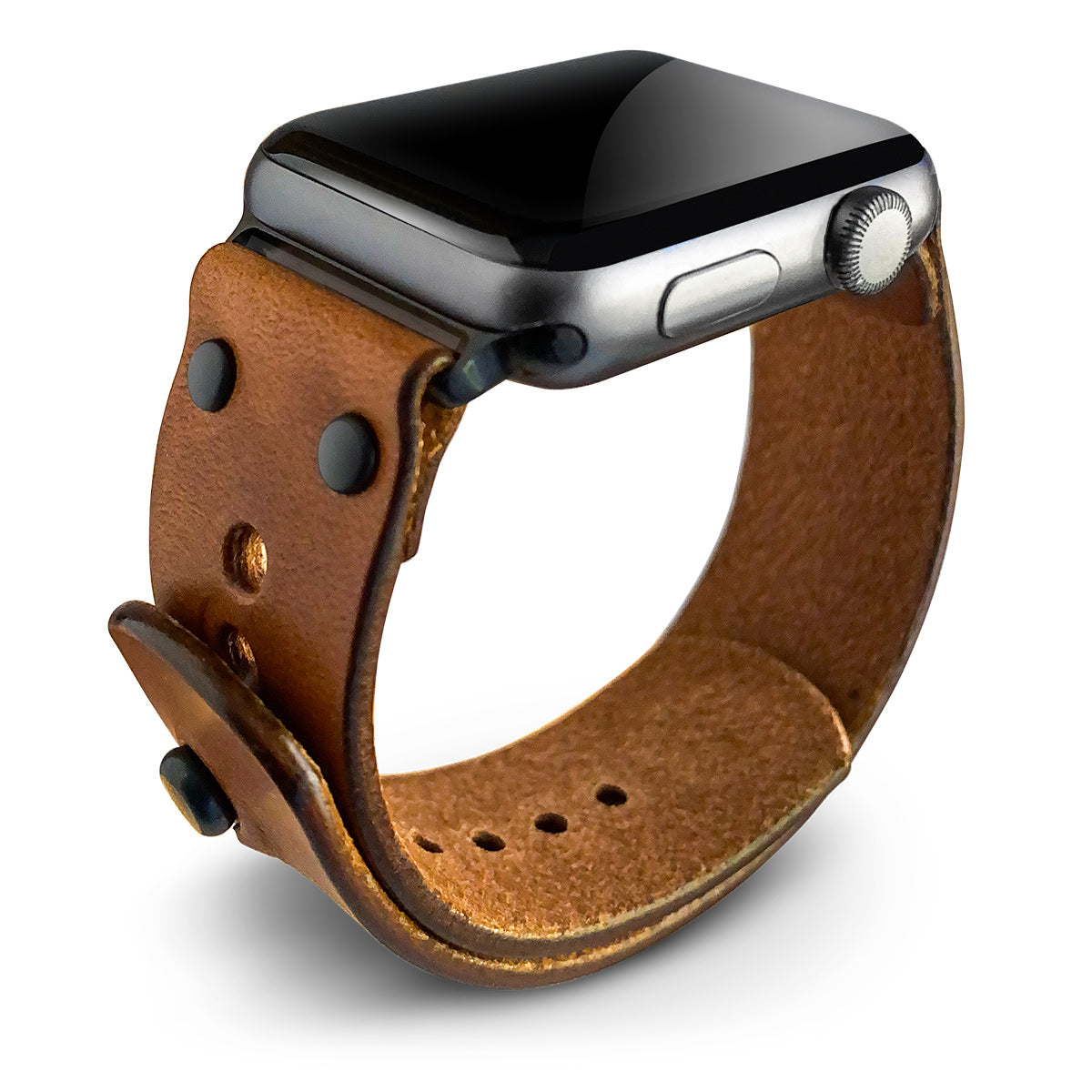 Apple Watch band in buck brown full-grain leather with button stud closure