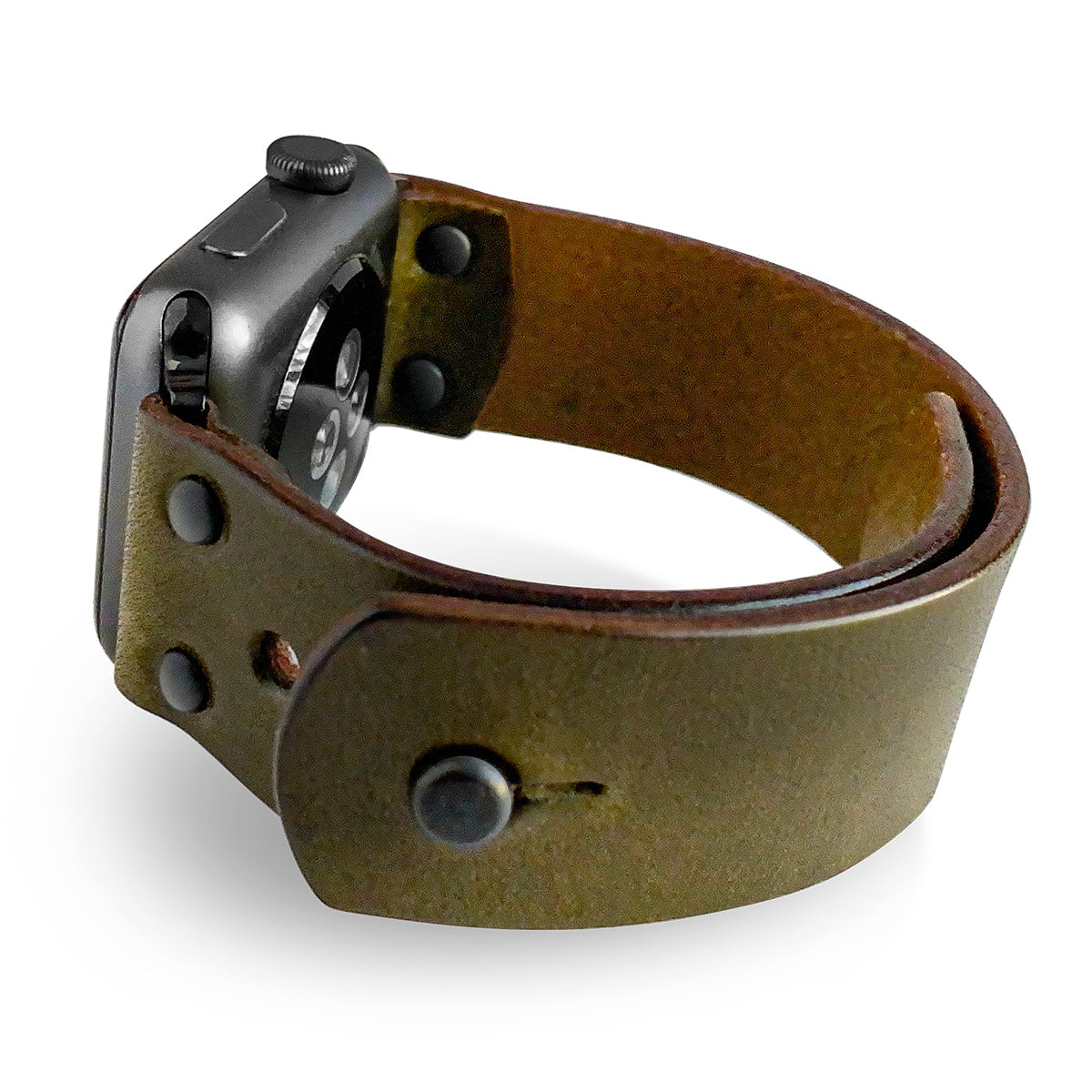 Apple Watch band in olive harness leather with button stud closure