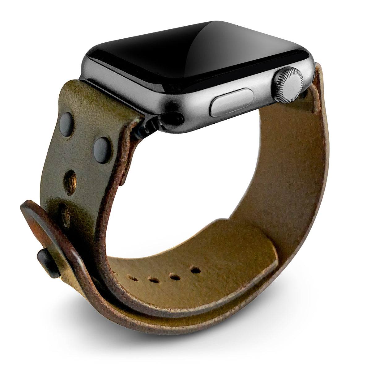 Apple Watch band in olive harness leather with button stud closure