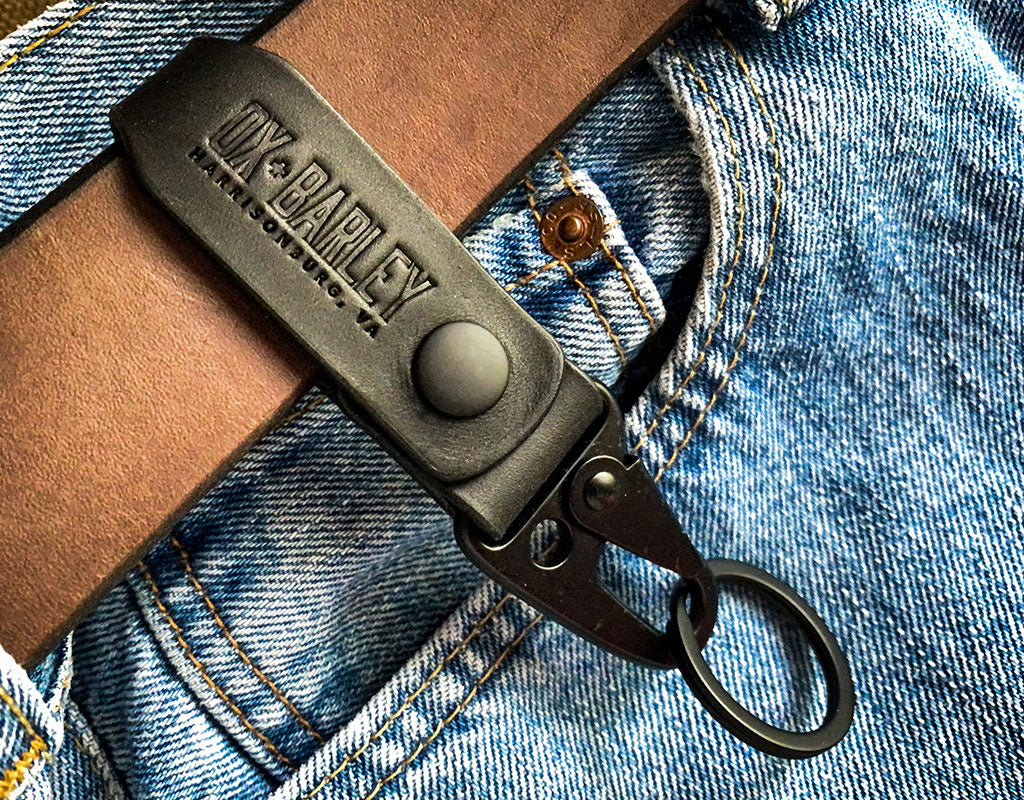 Slim black Latigo leather key fob with sling lever and belt loop snap