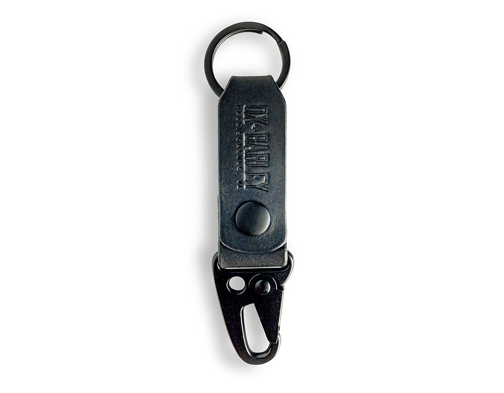 Slim black Latigo leather key fob with sling lever and belt loop snap