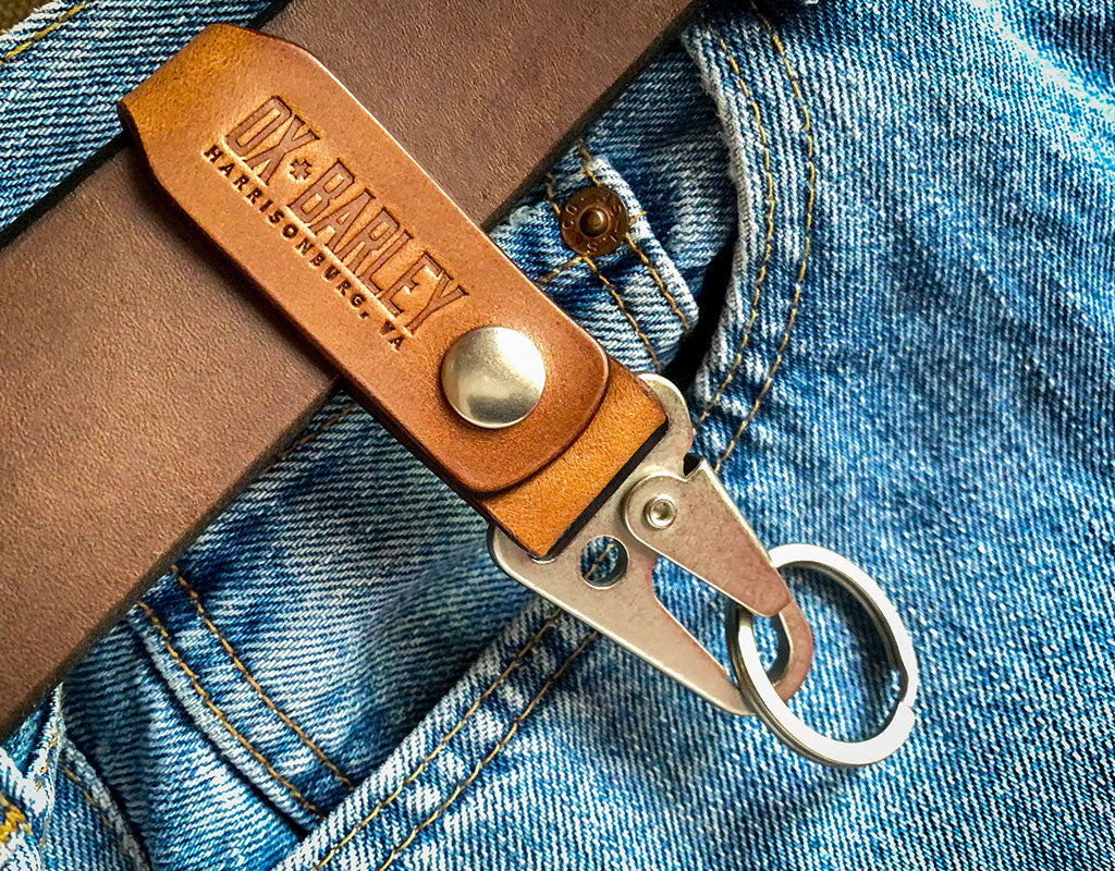 Slim buck brown Latigo leather key fob with sling lever and belt loop snap