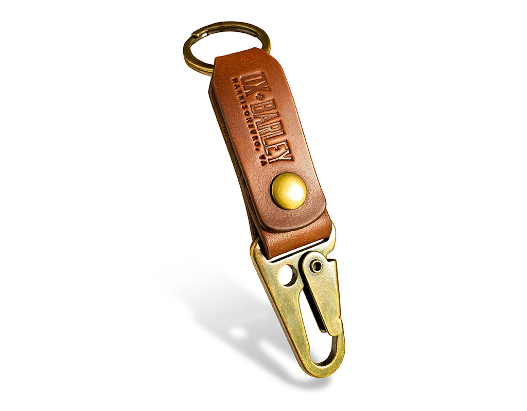 Slim medium brown Latigo leather key fob with sling lever and belt loop snap