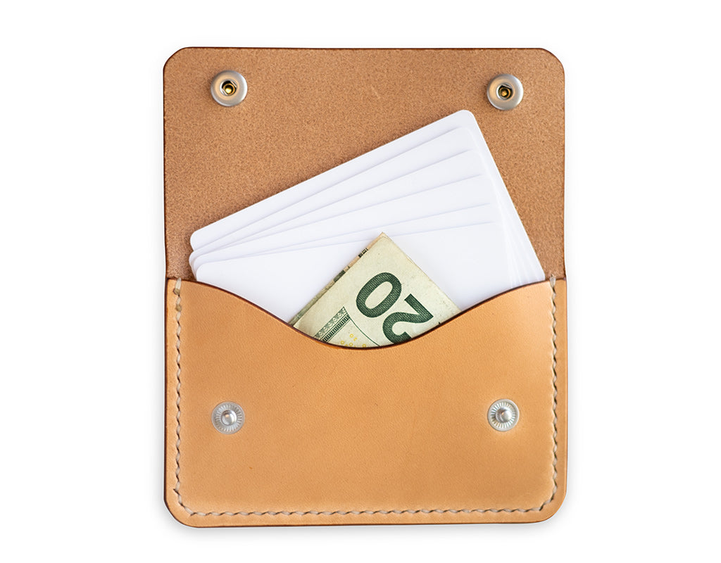 Slim card wallet in natural harness leather with solid brass snap