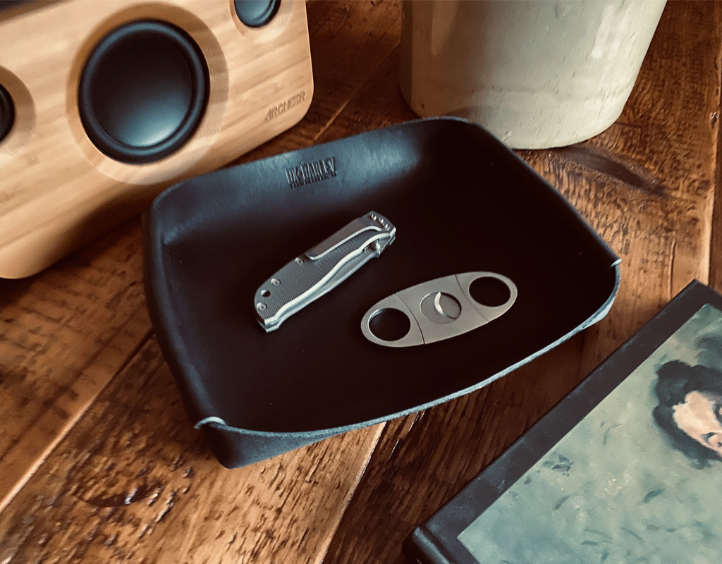 Midnight black full-grain leather butler tray for keys and everyday carry