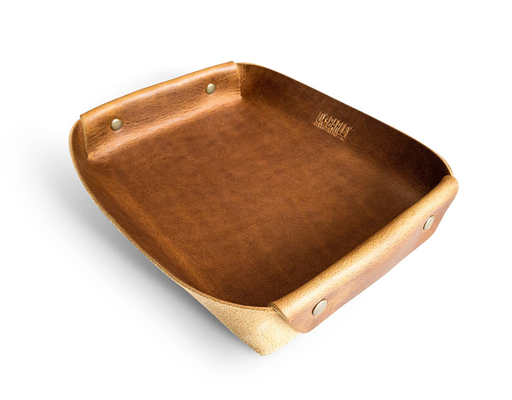 Whiskey tan full-grain leather butler tray for keys and everyday carry